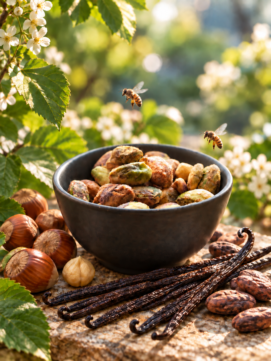 Pistacchi, nocciole, bacche di vaniglia e fave di cacao tra fiori e api